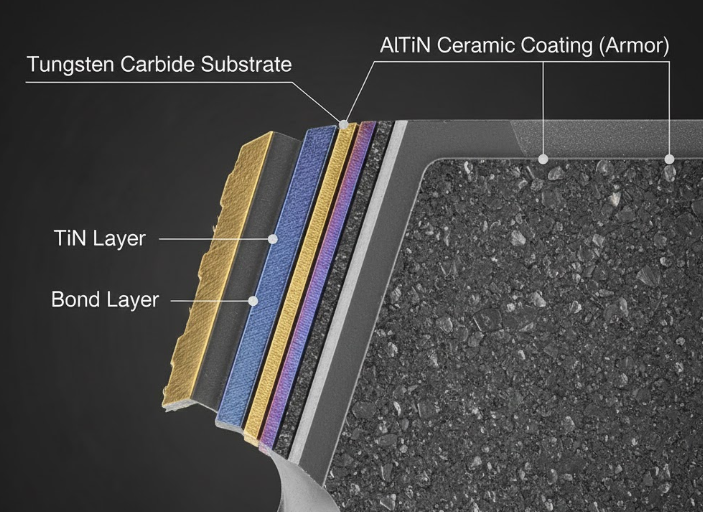 AlTiN coating layer on tungsten carbide cutter blade for high-temperature resistance..png AlTiN coating layer on tungsten carbide cutter blade for high-temperature resistance..png