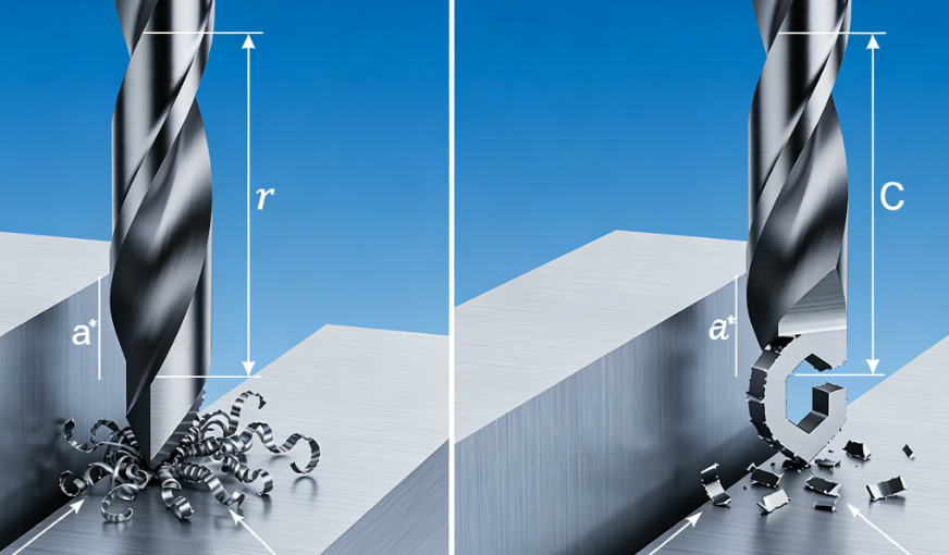 Technical diagram showing the relationship between depth of cut (ap) and nose radius (re) for optimal chip breaking in turning.png