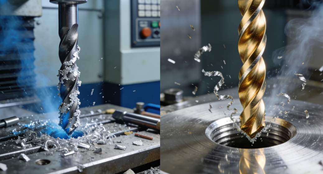 Comparison between generic HSS drill and Jimmytool solid carbide drill bit for aluminum showing chip evacuation performance..png