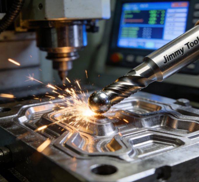 Jimmytool ball-end mills machine intricate molds on CNC machines, sparks flying as they demonstrate high-precision cutting processes..png