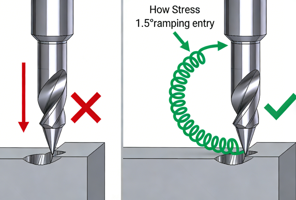 Comparison Diagram Impact Differences on the Ball-Nose Cutter's Bottom Edge Between Vertical Down-Cut and 1.5° Ramp-Helical Interpolation Feed Paths..png