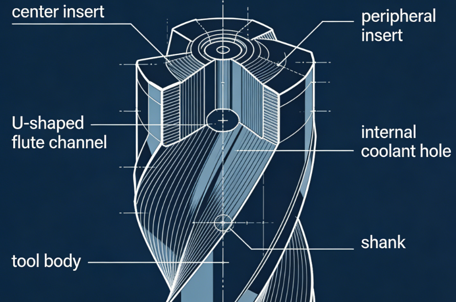 Labeled cross-section diagram of a U drill showing center insert, peripheral insert, coolant channels, and U-shaped flute geometry.png Labeled cross-section diagram of a U drill showing center insert, peripheral insert, coolant channels, and U-shaped flute geometry.png