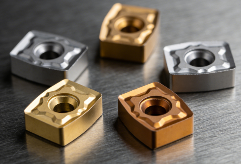 Variety of U drill carbide inserts laid out on dark surface showing different grades and coatings including TiAlN coated gold inserts and uncoated silver carbide.png Variety of U drill carbide inserts laid out on dark surface showing different grades and coatings including TiAlN coated gold inserts and uncoated silver carbide.png