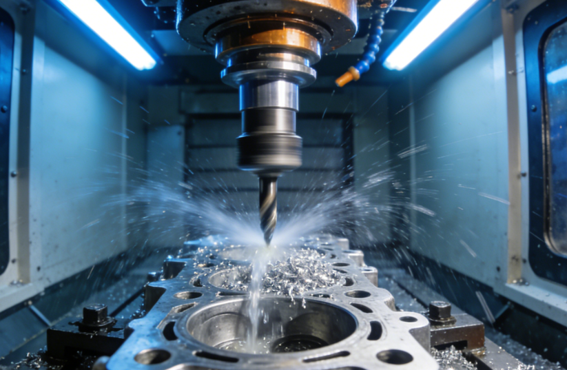 CNC machining center drilling engine block with U drill, aluminum chips being evacuated by coolant, automotive manufacturing environment.png CNC machining center drilling engine block with U drill, aluminum chips being evacuated by coolant, automotive manufacturing environment.png