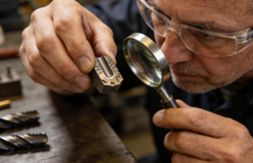Technician inspecting a worn U drill carbide insert under magnification in a machining workshop, showing flank wear pattern.png Technician inspecting a worn U drill carbide insert under magnification in a machining workshop, showing flank wear pattern.png