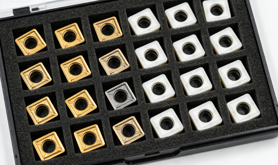 CNC cutting inserts organized in individual foam tray compartments for proper storage and handling.png