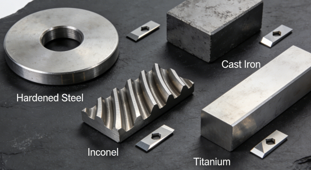 Various machining materials including hardened steel, Inconel superalloy, cast iron and titanium with corresponding cutting inserts.png