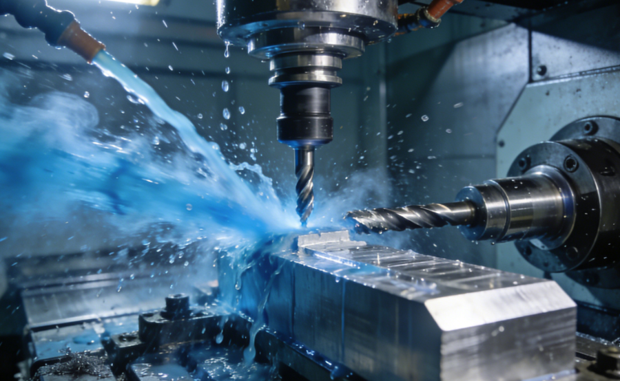 CNC milling operation with high-pressure flood coolant washing over carbide end mill cutting aluminum.png