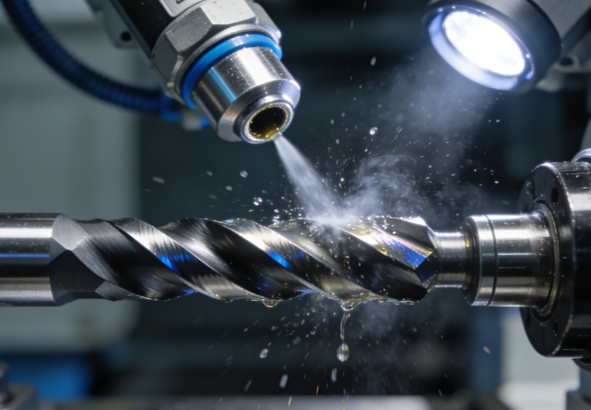 MQL system applying micro-droplet oil mist to carbide end mill during precision milling operation.png