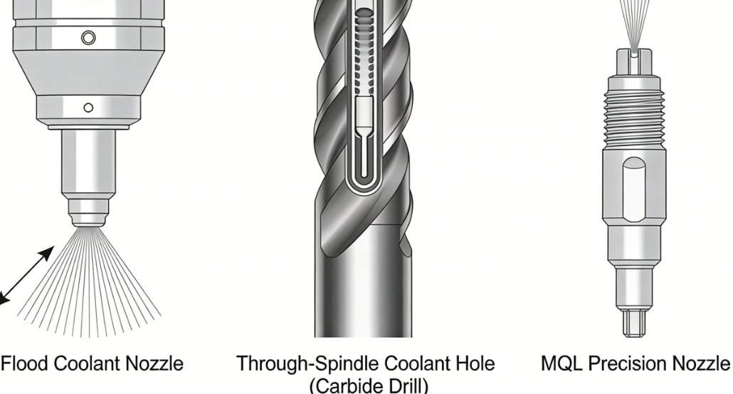 Comparison of coolant delivery methods flood coolant system vs through-tool coolant spindle vs MQL nozzle setup.png