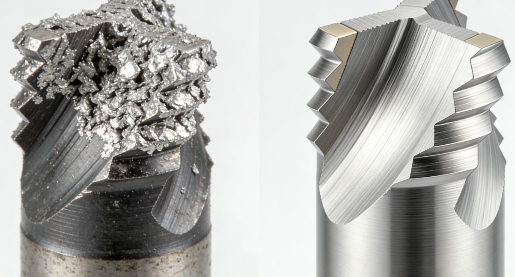 Side-by-side comparison of a clogged standard carbide burr versus a clean Aluma Cut burr for aluminum.png