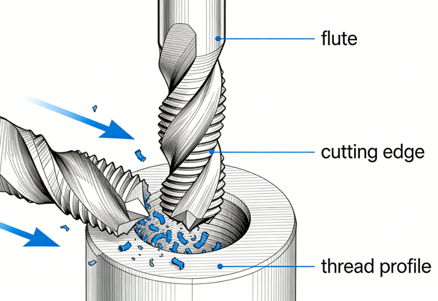 Diagram showing how a cut thread tap removes material to create internal threads.png