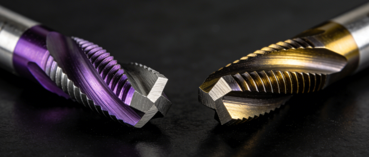TiAlN coated tap versus AlCrN coated carbide tap comparison showing coating color and surface texture differences.png
