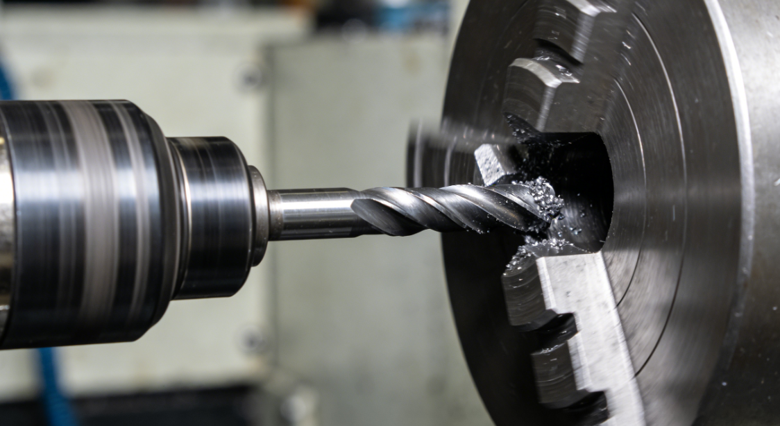 Carbide tap mounted in CNC machining center spindle tapping a hardened steel workpiece with cutting lubricant applied.png