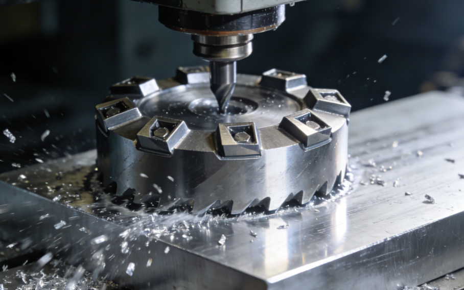 Face mill cutter with carbide inserts performing a flat surface milling operation on an aluminum billet, producing a smooth mirror finish with chips flying from the cutting zone..png