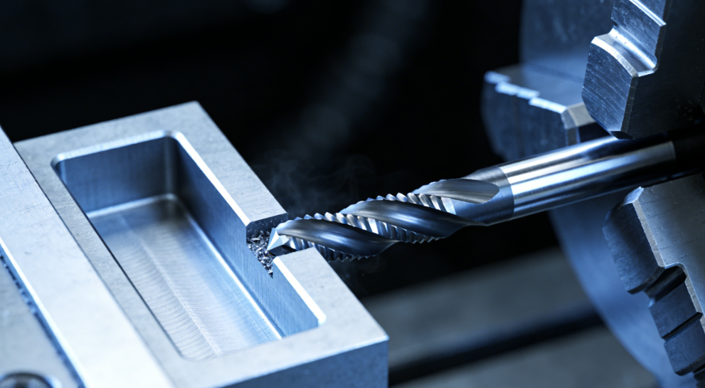Solid carbide 4-flute end mill cutting a precision pocket into a steel workpiece on a CNC machining center, demonstrating the end mill's ability to cut on both the bottom face and side walls simultaneously..png
