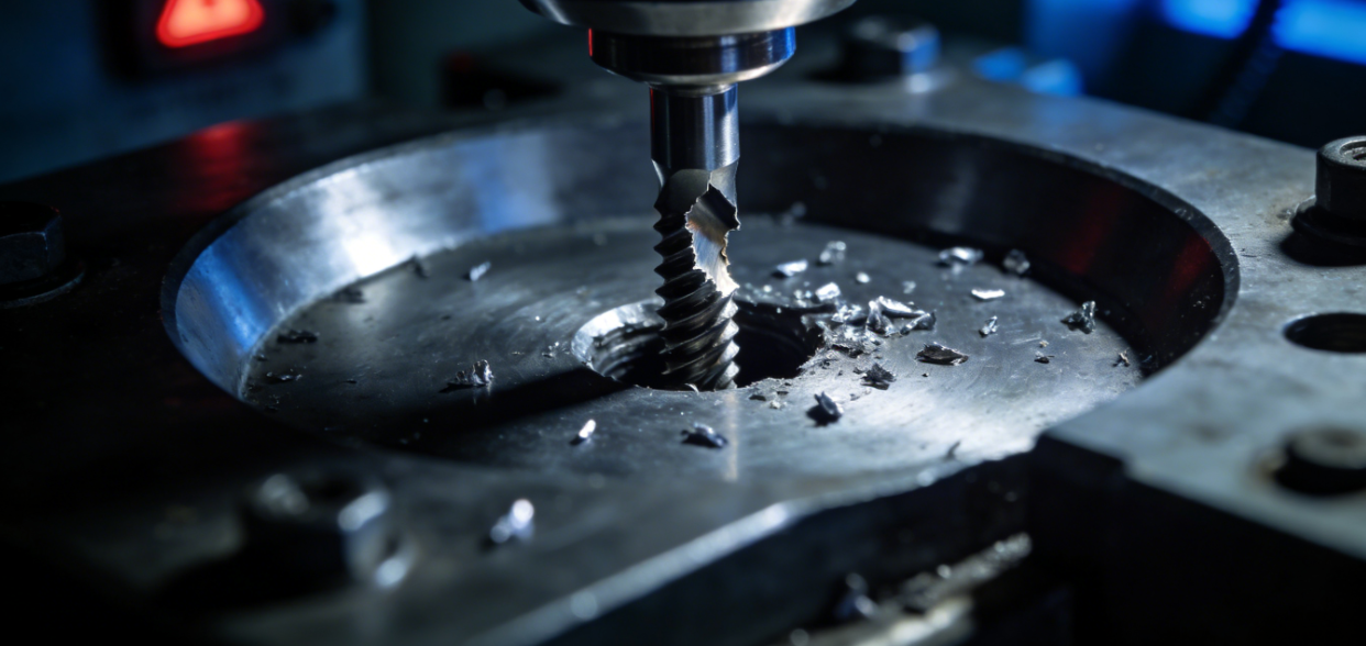 Broken carbide tap stuck in a stainless steel workpiece showing the risk of side-load in CNC tapping operations.png