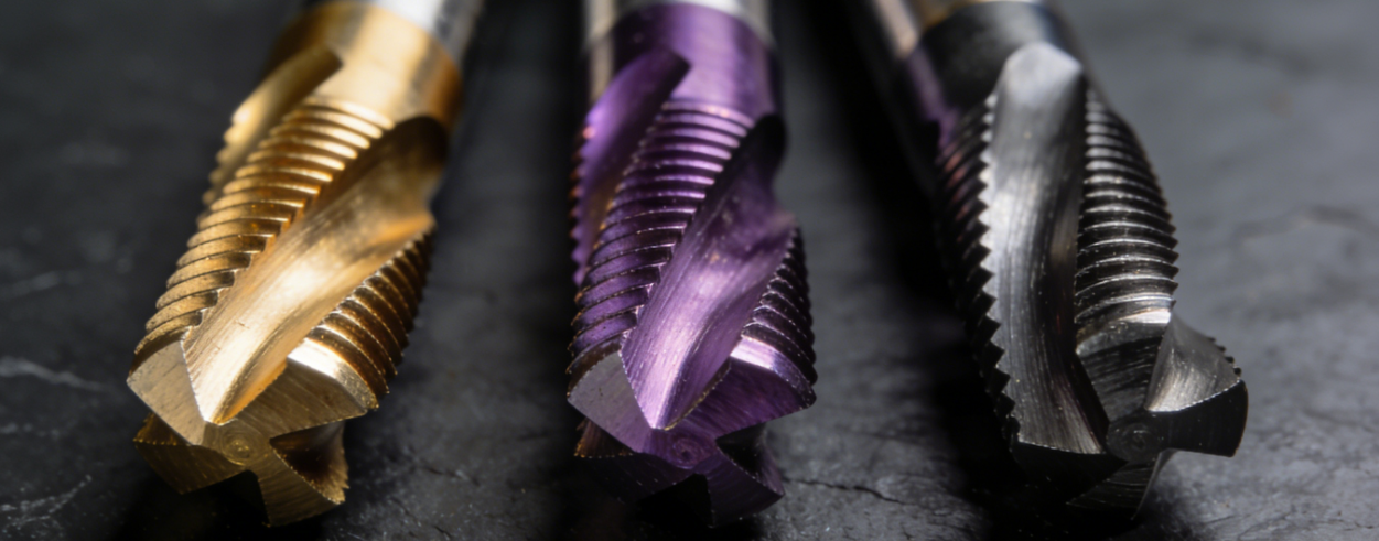 Three carbide taps showing TiN gold coating, TiCN violet coating, and AlTiN dark coating for different machining materials.png
