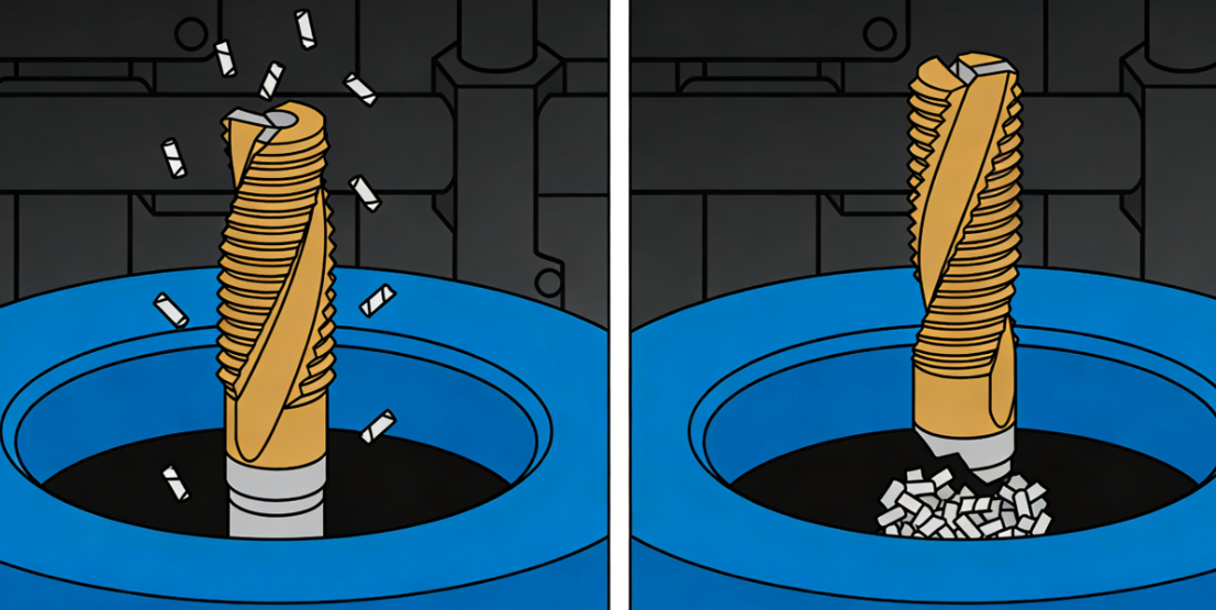 Side-by-side illustration of thread milling versus tapping in a blind hole showing chip evacuation versus chip packing and tap breakage risk.png Side-by-side illustration of thread milling versus tapping in a blind hole showing chip evacuation versus chip packing and tap breakage risk.png