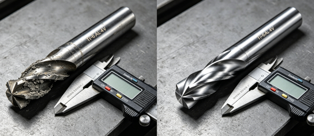 Comparison of thermally damaged carbide end mill vs. custom titanium-optimized tool.png