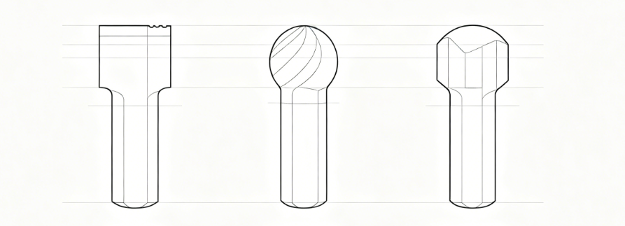 Comparison of square, ball nose, and bull nose end mills showing different cutting geometries.png Comparison of square, ball nose, and bull nose end mills showing different cutting geometries.png